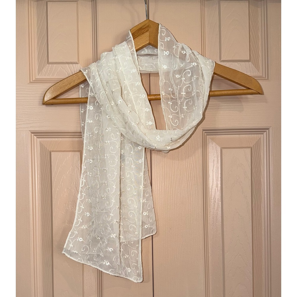 Vintage Echo Design White Sheer Embroidered Floral Eyelet Rayon Scarf India